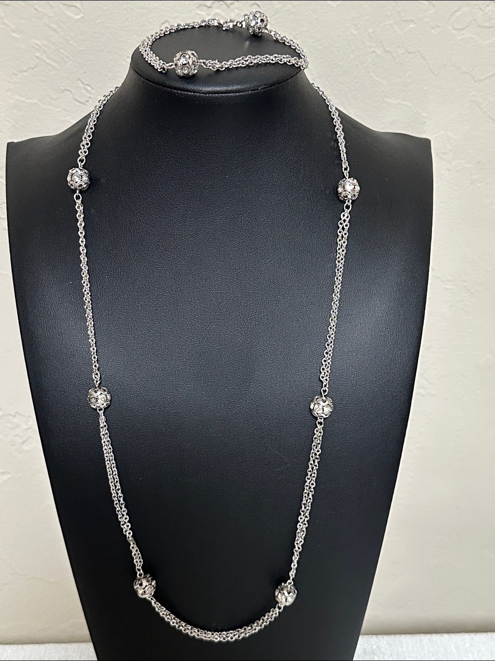 Sarah Cov VTG Double Chain Filagree Beads With Rhinestone Necklace & Bracelet
